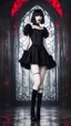 Placeholder: Full-body shot, of slender, pale goth woman, long legs, standing braced, straight, dark bob hair with bangs, fair skin, red lips, and white stockings and stilettos, fantasy background