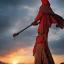 Placeholder: dungeons and dragons, monk, black, african, portrait, face, close up, cloak, clothes, cape, brown fabric, sunset, red sun, single person, red sky, hood