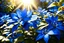 Placeholder: Blue, gold light effects colors, a lovely garden with plumbago flowers, clear sunny light, highly detailed, luminous rays of the sun, dark blue plumbago seaside, high contrast, 8k, high definition, realistic, concept art, sharp focus