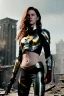 Placeholder: ultrarealistic, ruined city,__skimpy sci-fi armor__, __angles__, 18 year old woman, strikingly beautiful,ginger hair, _colour_, [__starlets__|__starlets__], (pale __skincolor__ skin:1.2), __camera__, _hair_, detailed face and eyes, medium breasts, leather choker, freckles, dynamic pose, resolved expression, __accessory__, strappy outfit, (straps:1.1), sword in scabard on left hip, (buckles, buttons, snaps, rings:1.0), haltertop style breastplate, detailed eyes, plump lips, sci-fi theme