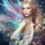 Placeholder: bright fairy, beautiful portrait, blond hair,blue eyes, flowery luminous pastel colors, butterfly