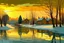 Placeholder: Landscape , winter, lit village, sunrise, lake, snow, bright, cottonwood trees, old buildings, reflections, w , high detail,4k, in style of Vincent Van Gogh