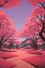 Placeholder: a land scape of Japanese garden, big red moon, red light, black sky, starlight night , surrounded by cherry blossom trees, cel shading