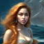 Placeholder: A beautiful portrait of haifa wahbi as a mermaid , leaning on a ships deck ,Rough sea in the background, (digitall art by Eugene de Blaas and Ross Tran, vibrant color scheme, highly detailed, in the style of romanticism, cinematic, artstation best quality, realistic lighting, masterpiece portrait, details light dusting , cowboy shot from above, simple chain hauberk Vector art digital illustration 3D shading )