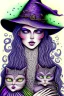 Placeholder: Witch, playing with cats, perfect iris, ink and pencil, pastel colours, style Elizabeth Kreitz