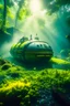 Placeholder: close up on iss space station submarine in the middle of brazilian jungle, crashlanding, depth of field, light rays, mist