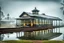 Placeholder: An old vintage train station on a foggy day, add deep dark color and reflections in and around the old stempunk train