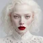 Placeholder: extremely realistic image of an gorgeous albino woman, extremely white skin and hair, white lace clothes, (red lips), light grey eyes, ultra sharp focus, white background, studio photography by MSchiffer