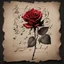 Placeholder: Hyper realistic sketch of a small red rose & musical notes on a vintage paper on side with dark background