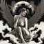 Placeholder: woman sitting forward Her face upward and blows cigarette smoke from their mouth upward. a figure with wings emerging from its back. behind the clouds of smoke look death. dark and mysterious