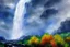 Placeholder: Cloudy dark sky, epic waterfall landscape, impressionism painting