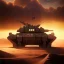 Placeholder: volumetric dramatic desert Battle scene with futuristic hovering military armored Hovercraft tank painted by chris foss, floating, 4k, 8k, Minutiae, highly detailed, rivets, pennant, hovering, stripes, sunset [duststorm, nimbus clouds]