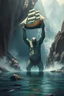 Placeholder: A giant creature holding and lifting up a big ship over head with his arms , a Smokey texture standing in a water in front of a mythical cave in granite volcanic mountain . Busch painting style