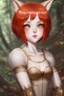 Placeholder: A young female with very short red hair, gold eyes, large fox ears, slight smile, pale skin