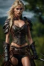 Placeholder: blonde female hunter with a bow wearing leather half armour dark fantasy Realistic 4k