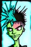 Placeholder: 2d portrait drawing of a stickman, cool with punk hair, x eyes like hangman, close-up, side view bended looking into the camera, smiling,in colour