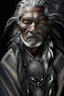 Placeholder: a photo of an Aztec man with ethnic jewelry, grey hair and grey flowing robe, in style of Annie Leibovitz, contemporary portrait of a mature yet beautiful and modernist man, black and grey, detailed masculine face, swirling fluid smokey enigma, award-winning artwork