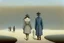 Placeholder: two gender-neutral people seen from behind walking side by side in an empty foggy plain, above there is blue sky by artist "Leonora Carrington",by artist "Christian Schloe",by artist "Kay Sage"