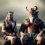 Placeholder: Viking theme, a younger woman sitting next to a 50-year-old man, portrait, 8K, close-up face, anatomically perfect face, Highly detailed stunning full frame portrait, misty and cloudy atmosphere