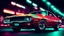 Placeholder: retro muscle car driving at night, neon, city