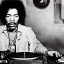 Placeholder: a realistic portrait of Jimi Hendrix at a turntable with headphones on being a DJ, cigarette in mouth