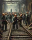 Placeholder: Bosch painting style ,nightmare, a lot of blacksmiths and construction workers holding shavles and construction tools working on train tracks building and digging and moving a train tracks