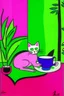 Placeholder: henri matisse. Cat, coffee. Colors: pink, purple, greens