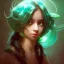 Placeholder: alien girl, cute, beautiful, long hair, curly hair, black hair, slim body, brown eyes, big eyes, green skin, turquoise dress, head and shoulders portrait, fantasy, 8k resolution concept art portrait by Greg Rutkowski, Artgerm, WLOP, Alphonse Mucha dynamic lighting hyperdetailed intricately detailed