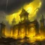 Placeholder: A yellow glowing ruins with clocks in a thunderstorm painted by Zhang Lu