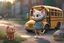 Placeholder: funny cute little cat with bakpack standing near school bus in headphones and hoodies, disney style 3d light, back to school, Zbrush sculpt, high detail realistic cloth, concept art, Zbrush high detail, pinterest Creature Zbrush HD sculpt, neutral lighting, 8k detail , natural lighting, full color painting,