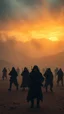 Placeholder: Bosch painting style nightmare , 3D ,a group of men in black led by army trackers in a dramatic misty scene of the sunset time in a stormy weather in the desert background, high Quality picture , 8k