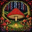 Placeholder: A gnome sleeping next to a campfire under a large mushroom. in the middle of a magical mushroom forest. art nouveau. hundreds of mushrooms everywhere. detailed symmetrical art deco border. fireflies everywhere with a cosmic background
