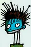 Placeholder: 2d drawing of a stickman, cool with punk hair, x eyes like in hangman, head slightly bended, looking close into camera, smiling,close-up ,3d realistic in colour