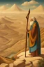 Placeholder: Moses stands on a mountain and holds a crooked wooden staff, at his feet are stone tablets on which the ten commandments of God are written, and below is a valley with the cities of Palestine of sands, tents and mountains. There is a silhouette of God in the sky. Everything is painted in oil painting with high-quality drawing of details