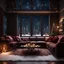 Placeholder: Hyper Realistic Dark Brown Living Room With Fancy Velvet Furniture & Christmas Decoration at snowfall night from window view