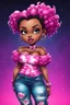 Placeholder: vibrant psychedelic comic book image, airbrush, 48k, cartoon art of a chibi curvy black female wearing torn jeans pants and a pink tie dye off the shoulder blouse. Prominent make up with lush lashes. Highly detailed sleek wavy ponytail