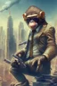 Placeholder: criminal monkey with a machinegun and sunglasses. Realistic image, City Background, monkey wearing a suit, smoking a cigar. Monkey is very trained