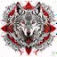 Placeholder: Wolf symmetrical design ink art silver colors red white and black hyper-detailed realistic 8k