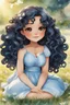 Placeholder: An watercolor image of a chibi black cartoon of a curvaceous woman with flowing of curly twisted of black hair that's highly detailed, wearing a light blue maxi dress. She sits relaxed on the grass facing the warm sunlight, which illuminates her face as she looks to the side with a small smile, accentuating her prominent makeup and brown eyes.