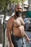 Placeholder: close up photography of an ugly 44 year old beefy robust burly turkish homeless, wearing his work unbuttoned bulging overalls, bulge, shirtless, leaning with his back on the wall, hands on the fap, ajar mouth, hairy chest, , very virile, short black beard, shaved hair, sweat, , in a sunny street, photorealistic , frontal view from the ground