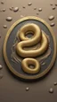 Placeholder: a smooth 3d game graphics circular shaped golden coin with a full body relief print of snake butt in misty mud