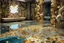 Placeholder: pool mosaic, 3D mirror pieces, beautiful composition, holographic marble pieces, brunette female, dessert shop, flowers, ethereal in sunshine, shading pastel and charcoal golden and ochre, golden glitter, , golden patina, corrosion