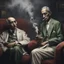 Placeholder: Hyper Realistic Quaid E Azam Smoking Cigar & Mahatma Gandhi Sitting on a Velvet Sofa in a foggy Dark Room