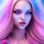 Placeholder: beautiful, soft, smiling face, whole head, long straight blonde hair blues eyes, crown on the head, clothing in transparent bluish and pink veil, background brillante bluish and pink, hight definition, 8K