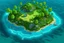 Placeholder: Make a satellite view of a small boat shaped tropical island that is uninhabited with jungle and fruit trees with a small mountain on one side of the island. A small stream flows through the island by a lagoon where a rock platform lay. The island is surrounded by coral reefs.