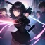 Placeholder: Clear focus,High resolution, Black short fluffy hair, and purple eyes, wearing a black outfit, must wear a short skirt, holding a glowing katana, fighting stance