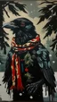 Placeholder: An oil painting by Miyazaki and Matisse of a human-like crow adorned in a punk leather jacket within a snowy Christmas atmosphere.