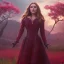 Placeholder: Feiticeira escarlate, Elizabeth Olsen, feiticeira, magia, rosto detalhado belo, bonita, cenário em um campo de flores, cinematográfico, dramático, por do sol, campo de flores, cores frias