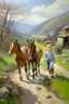 Placeholder: Spring in skåbu, sun, portrait of cute children walking in mountains, horse, broken old tractor, prize winning oil painting