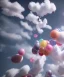 Placeholder: Ultra realistic speed clouds sky scene, wide angle view, child falling down with many Children background, inflatable monsters, circus dress style, feather color, free jumping flying, many trinkets, hair monster, many jelly beans, balls, color smoke, smile, happy, extreme, wind, clouds sea, 20,000 feet altitude, stratosphere, soft color, highly detailed, unreal engine 5, ray tracing, RTX, lumen lighting, ultra detail, volumetric lighting, 3d, finely drawn, high definition.